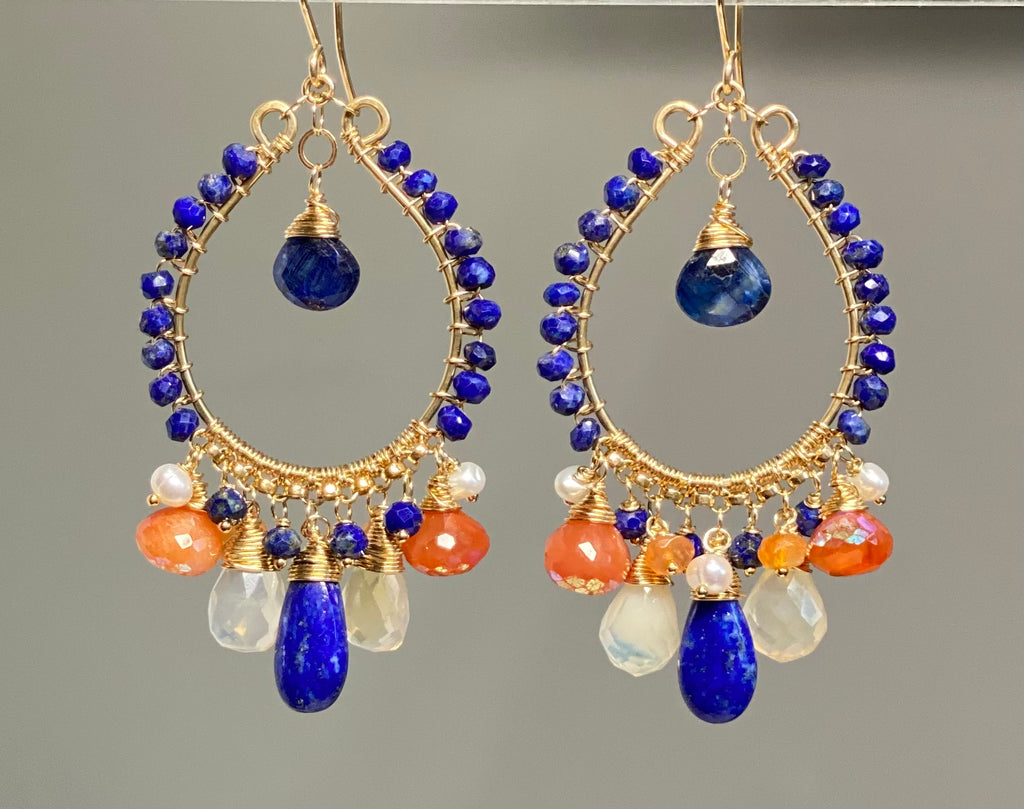 Blue Lapis Gold Fill Hoop Earrings Mystic Carnelian & Fire Opal