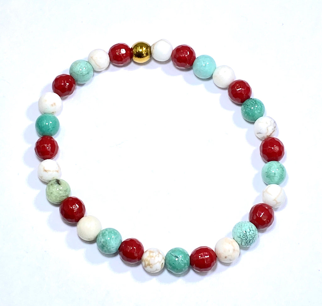 Set of 3 Stretch Stacking Bracelet White, Green, Turquoise, Red Gemstones - doolittlejewelry