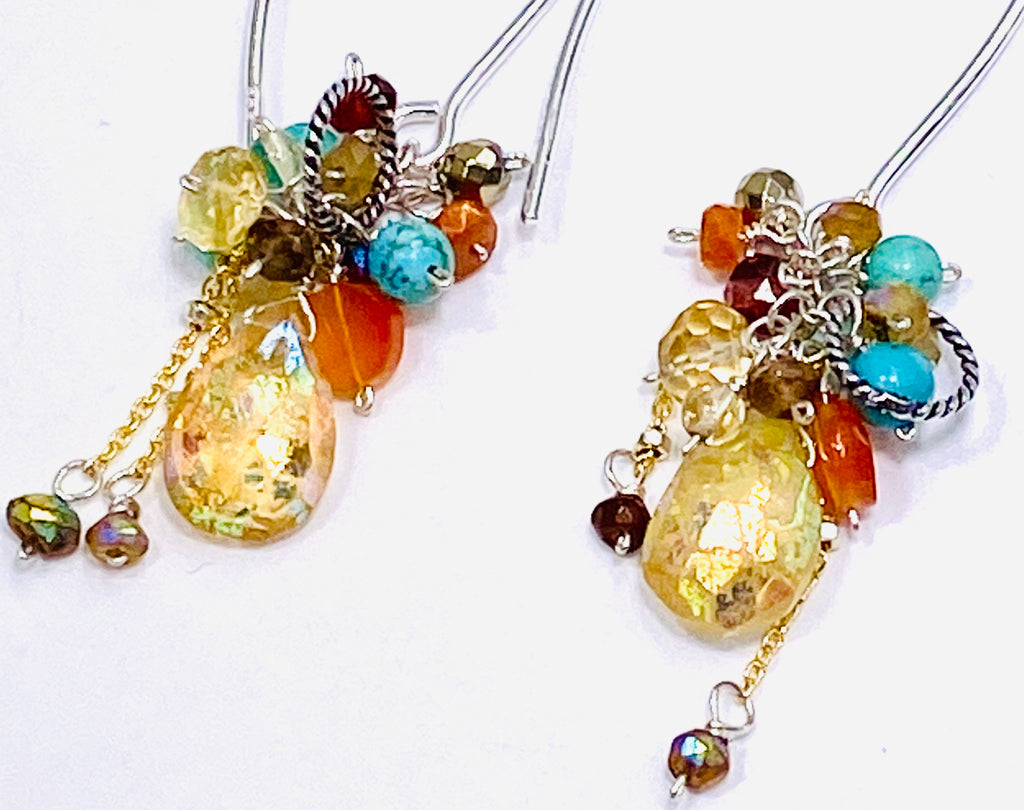 Mystic Citrine Earth Tone Gem Cluster Long Earrings Sterling Silver