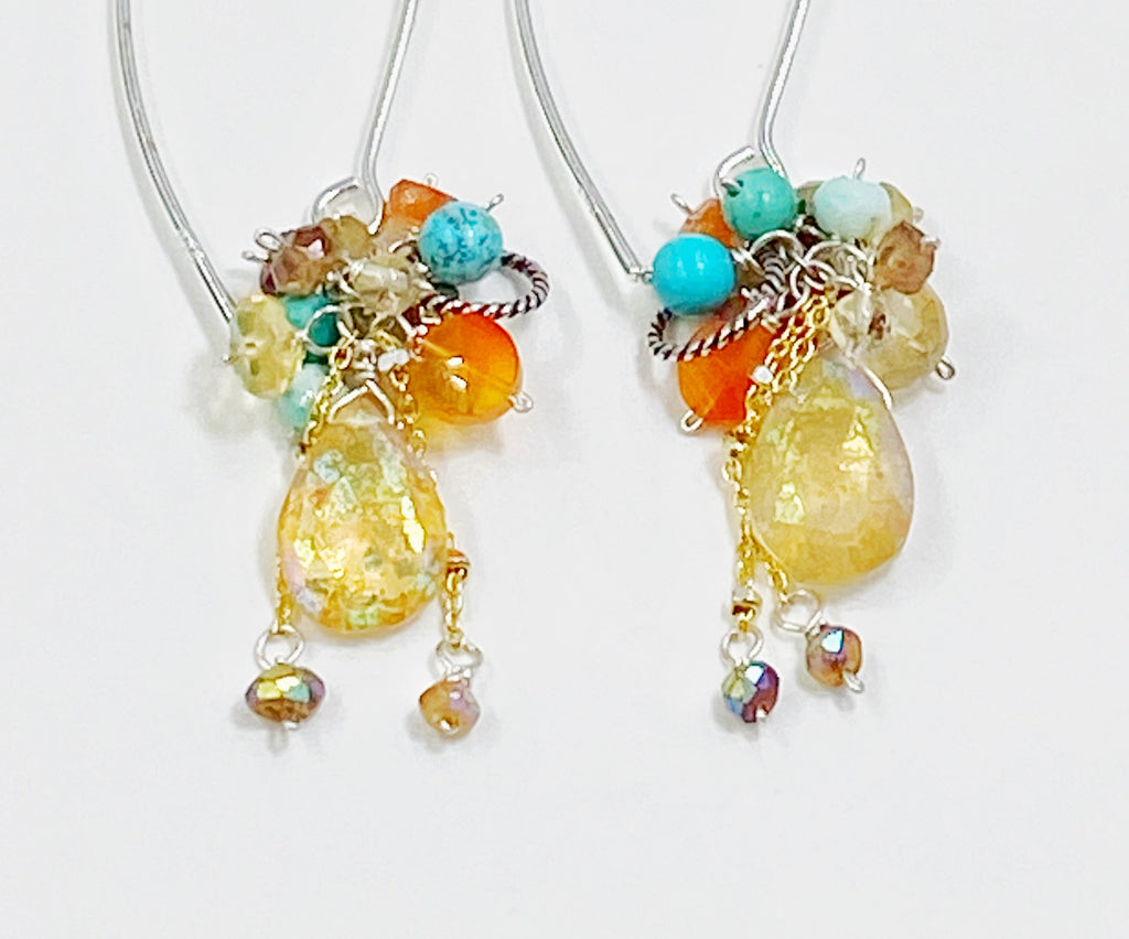 Mystic Citrine Earth Tone Gem Cluster Long Earrings Sterling Silver