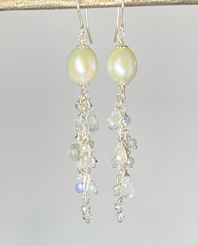 Pearl Moonstone Bridal Dangle Earrings Sterling Silver with Herkimer Diamonds