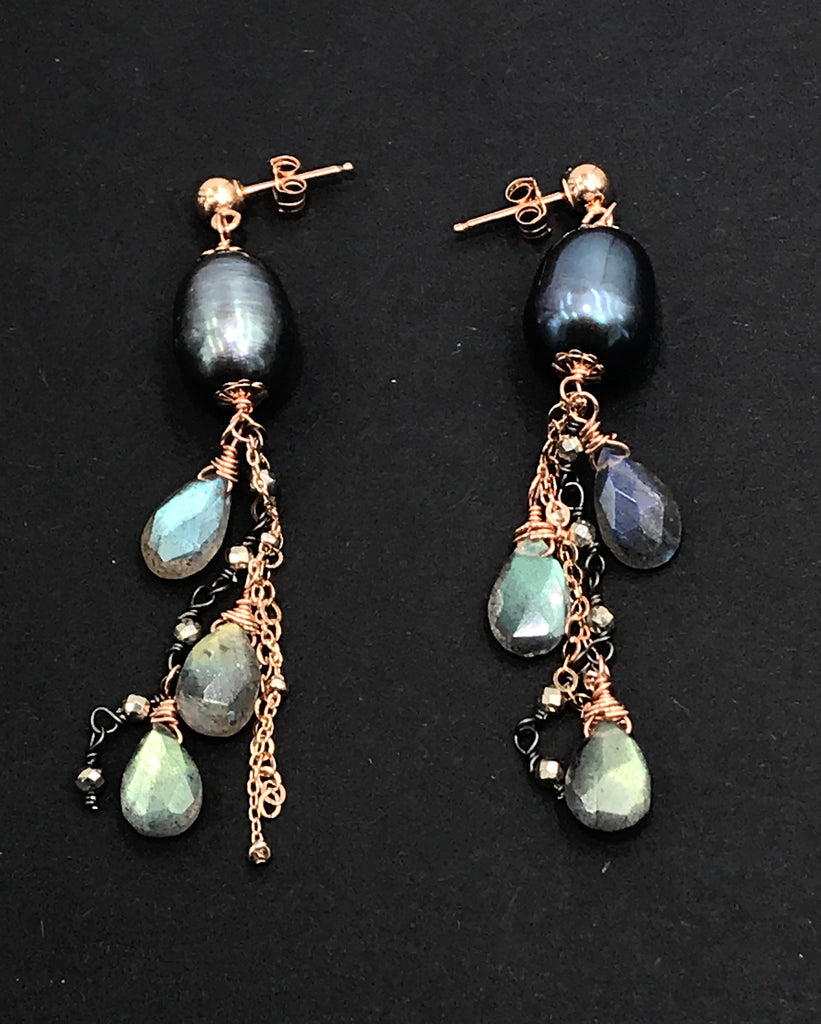 Rose Gold Labradorite and Pearl Dangle Earrings - doolittlejewelry