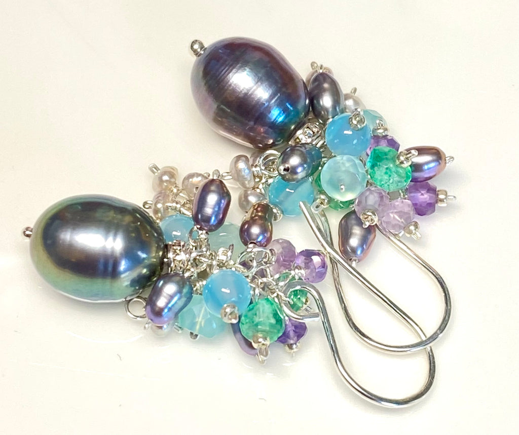 Peacock Pearl, Amethyst, Blue Aqua Chalcedony, Cluster Waterfall Earrings