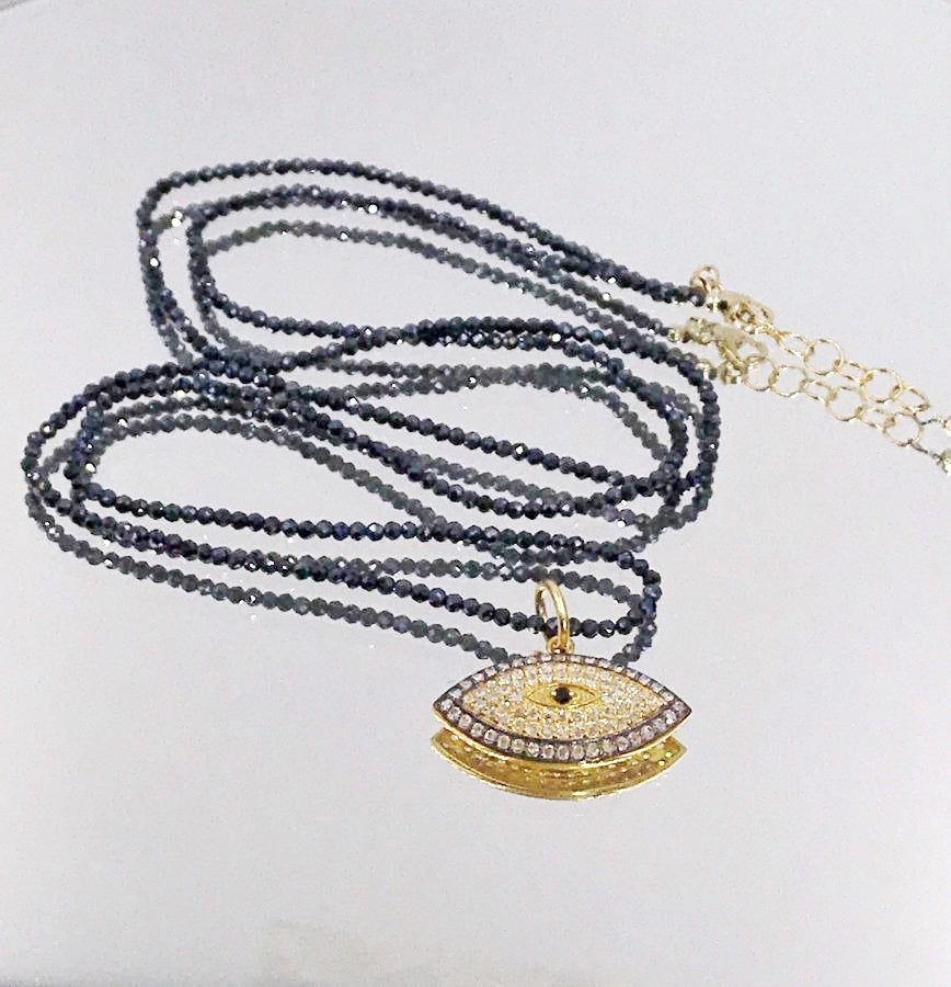 Evil Eye and Pave Diamond Look Long Black Spinel Necklace - doolittlejewelry