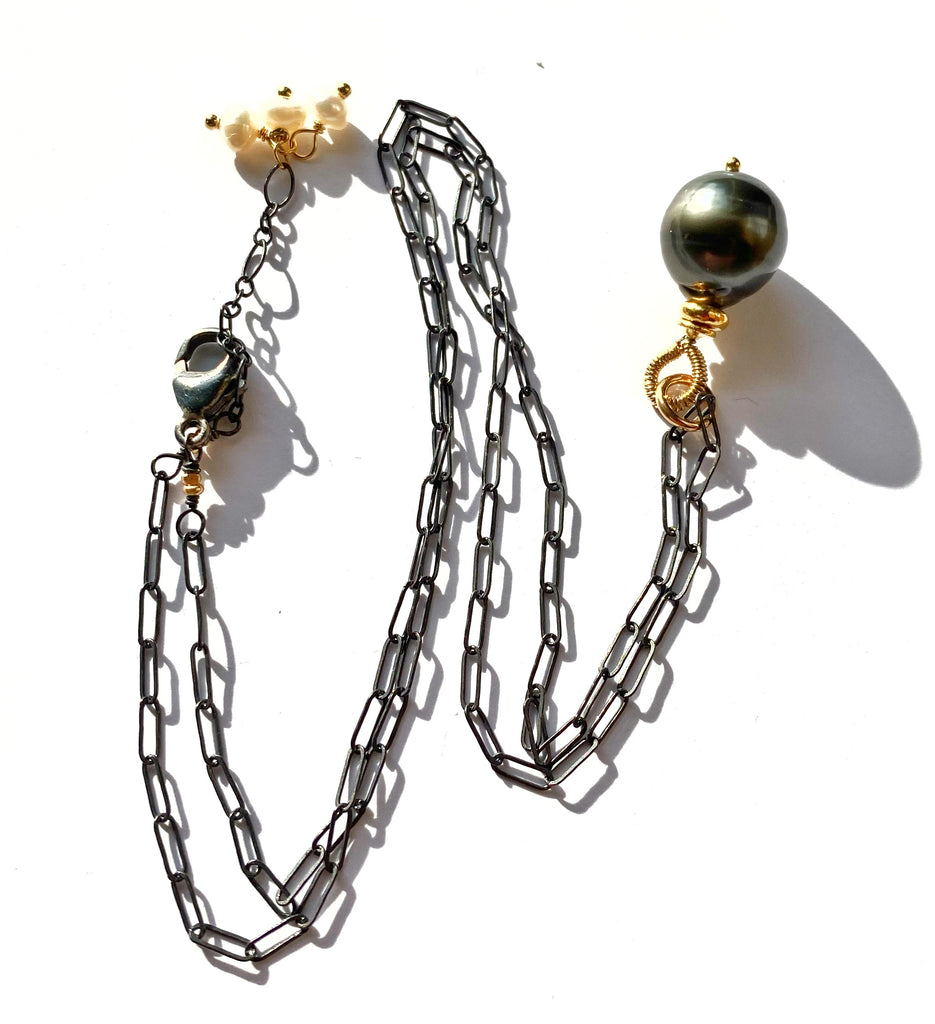 Tahitian Pearl Pendant, Paper Clip Chain, Mixed Metals, Pearl Dangles