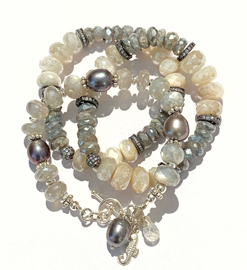 Grey Mystic Moonstone and Peacock Pearl Bracelet Sterling Silver