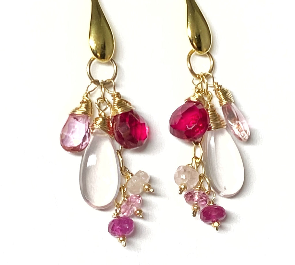 Rose Quartz, Red and Pink Topaz Dangle Earrings, Gold Fill