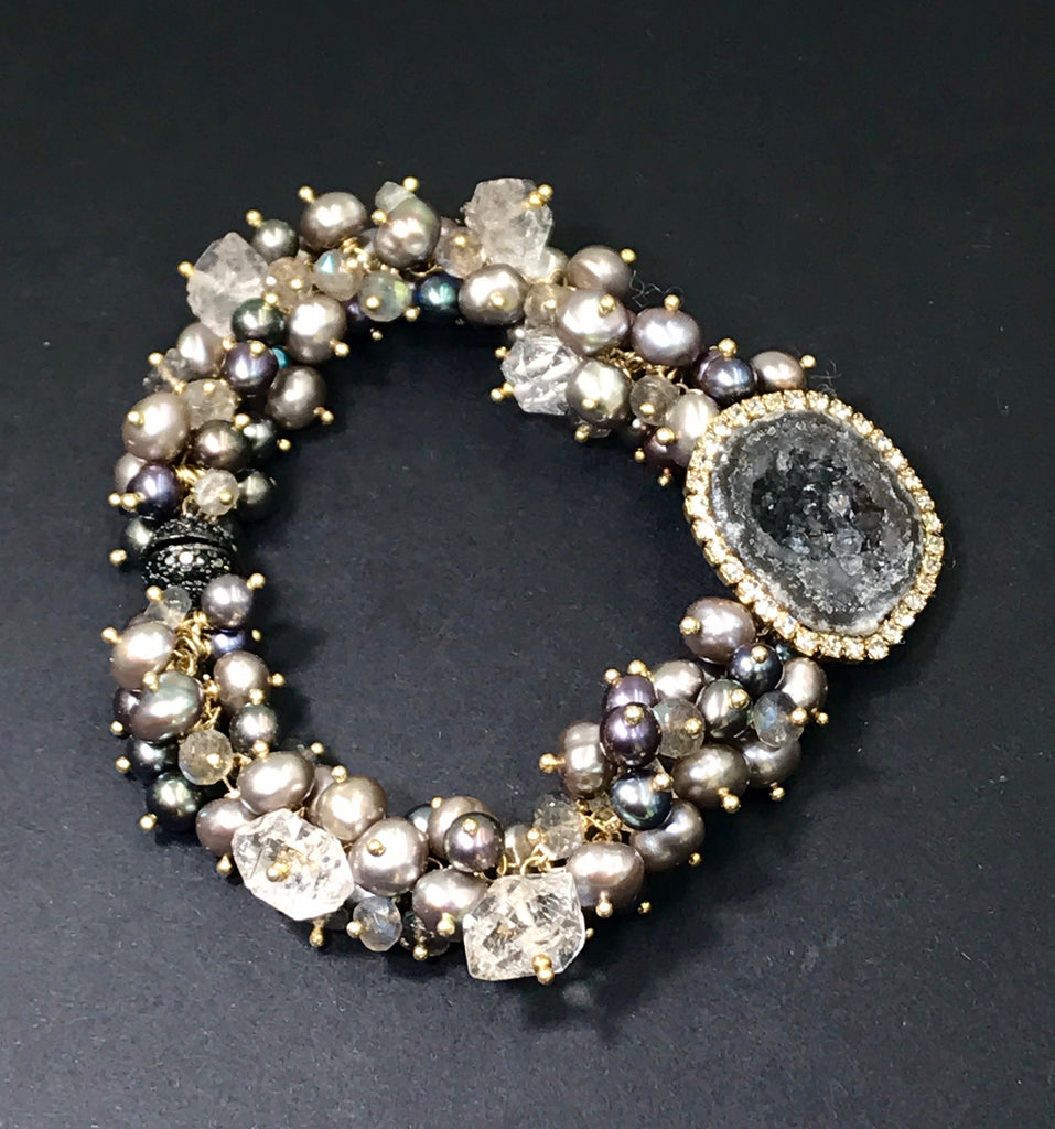 Black Tabasco Geode Cluster Bracelet with Herkimer Diamond Quartz - doolittlejewelry