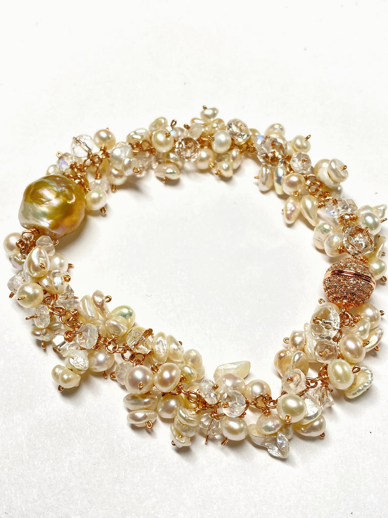 Baroque Pearl Rose Gold Cluster Bracelet Keishi Pearl Moonstone Crystal Quartz