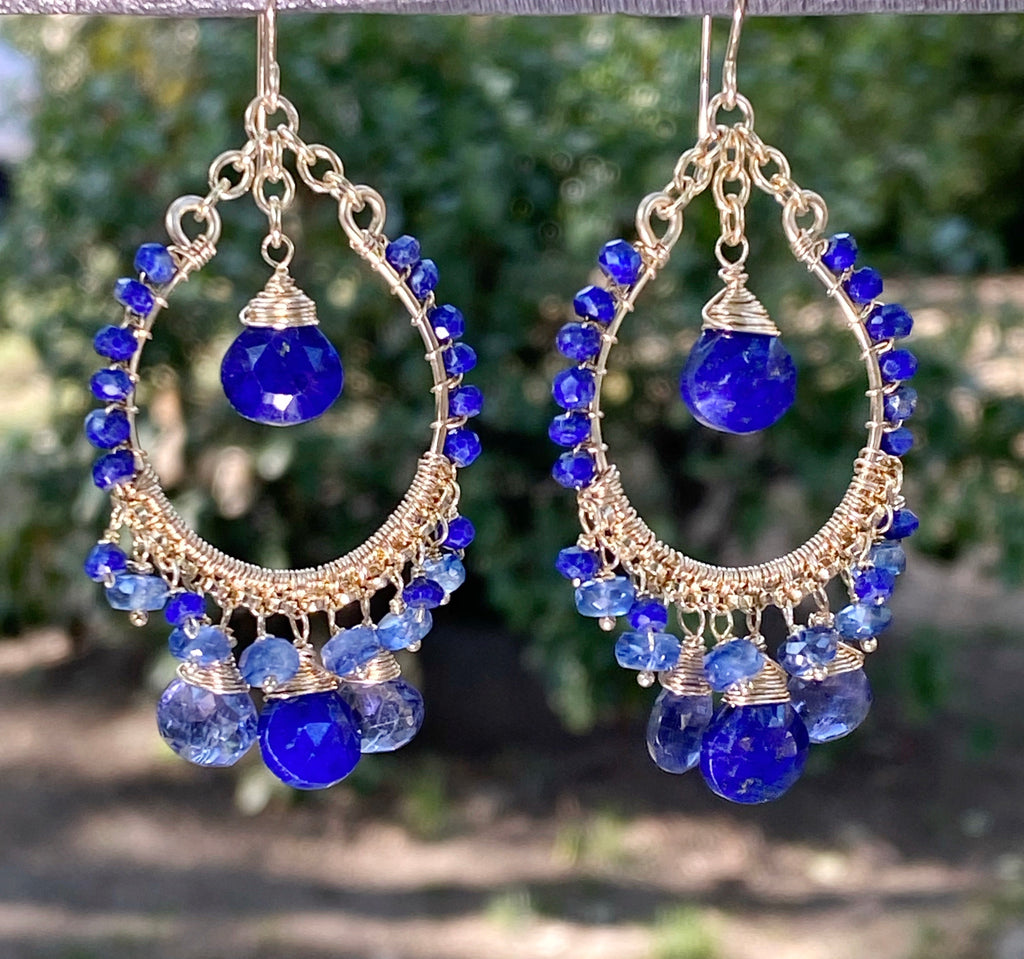 Blue Gemstone Gold Hoop Chandelier Earrings Lapis Kyanite Iolite