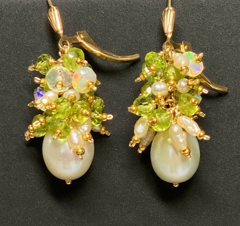 Peridot, opal and pearl cluster earrings