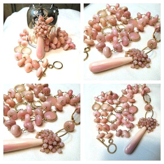 Pink Peruvian Opal Long Wire Wrapped Necklace