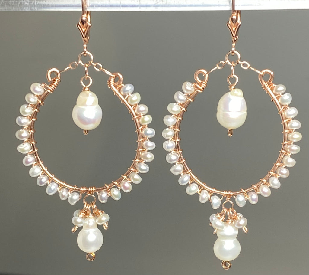 Statement Rose Gold Hoop Earrings with Baroque Pearl Drops