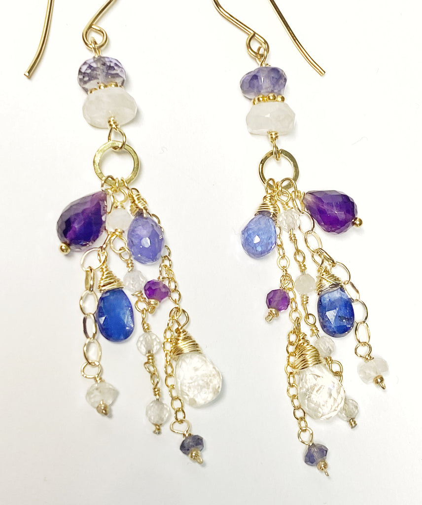 Blue Violet Gemstone Dangle Earrings - Amethyst, Tanzanite, Kyanite, Moonstone