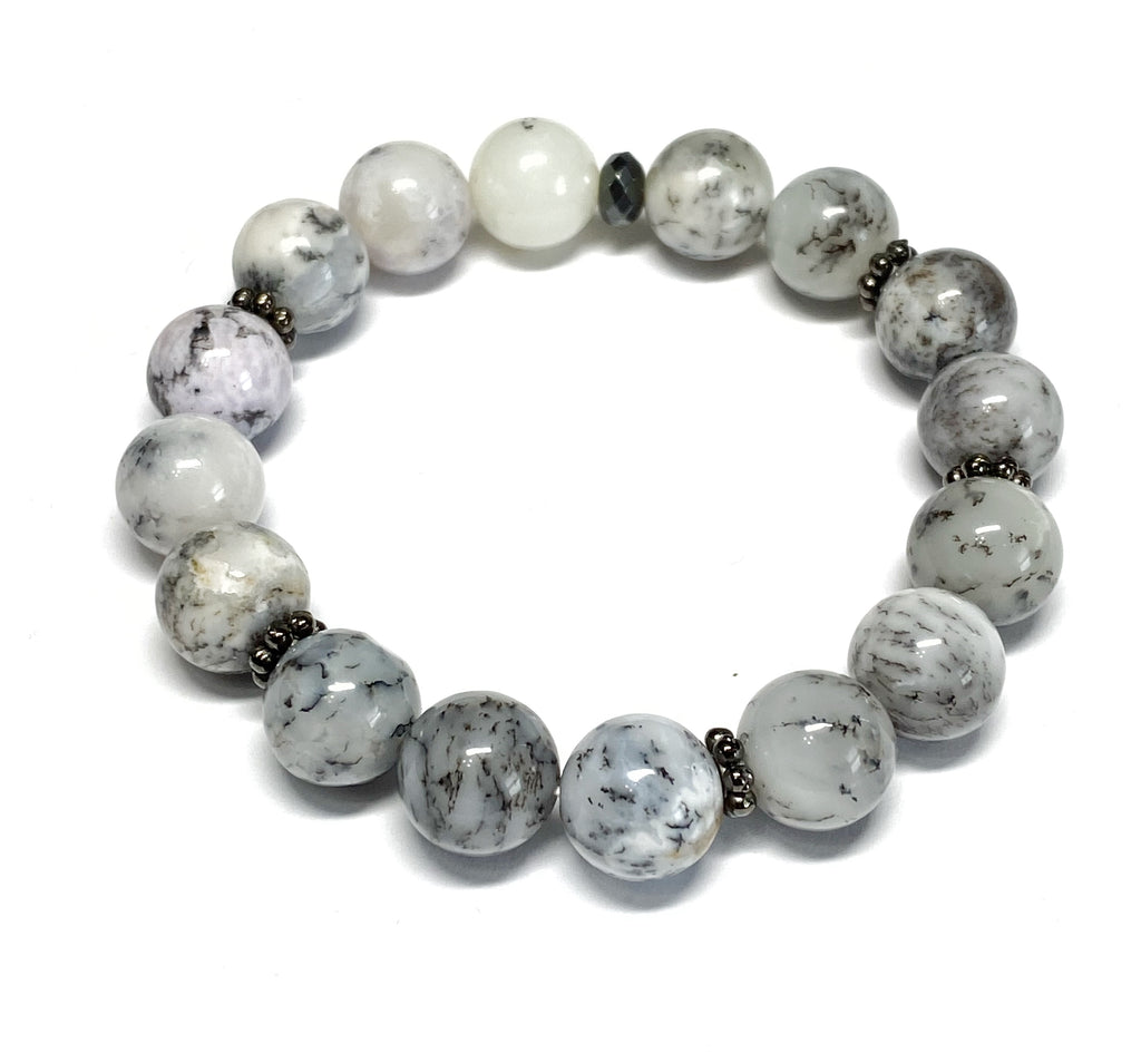 Dendritic Opal Blue Grey Silver Boho Stretch Bracelet Stacking Set of 3