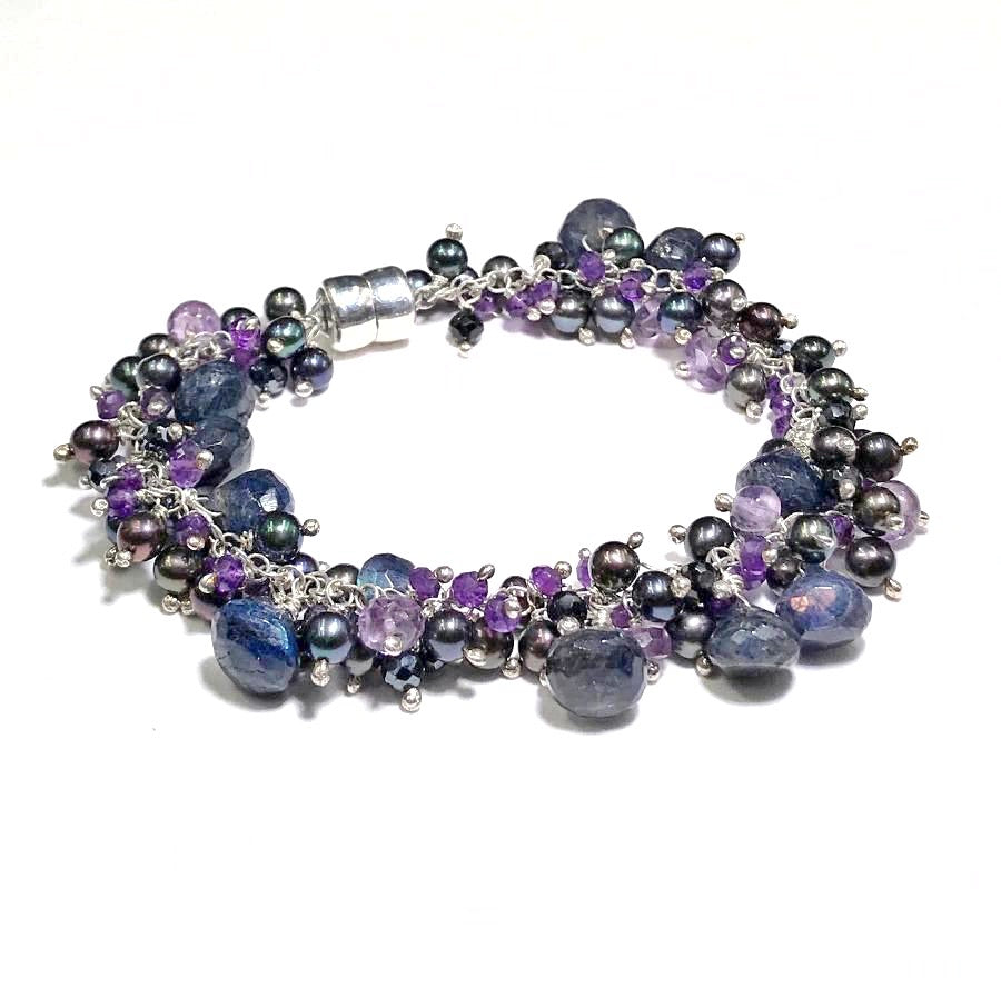 Blue Labradorite Amethyst and Pearl Gemstone Cluster Bracelet Sterling Silver - doolittlejewelry