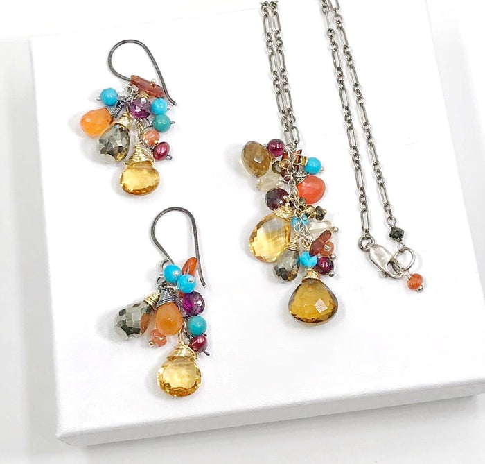 Citrine Garnet Turquoise Mixed Metals Necklace Set - doolittlejewelry