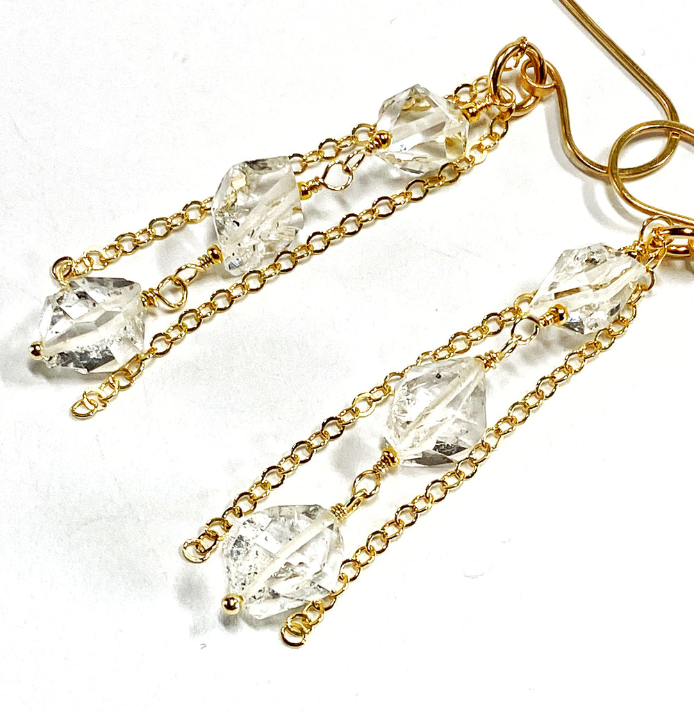 Herkimer Diamond Crystal Quartz Long Gold Fill Dangle Earrings