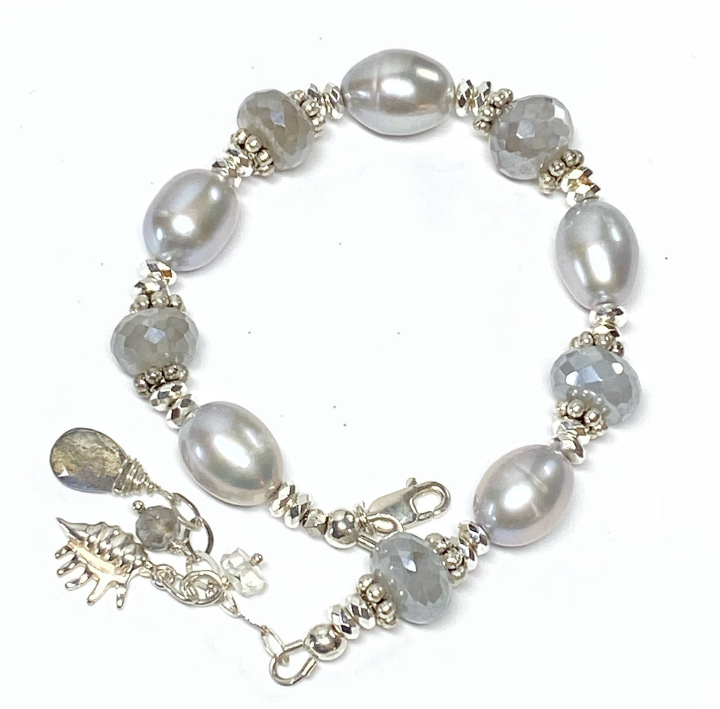 Grey Mystic Moonstone and Silver Gray Pearl Bracelet Sterling Silver