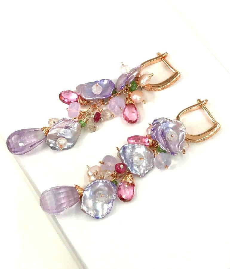 Lavender Amethyst Keishi Pearl Rose Gold Long Dangle Earrings