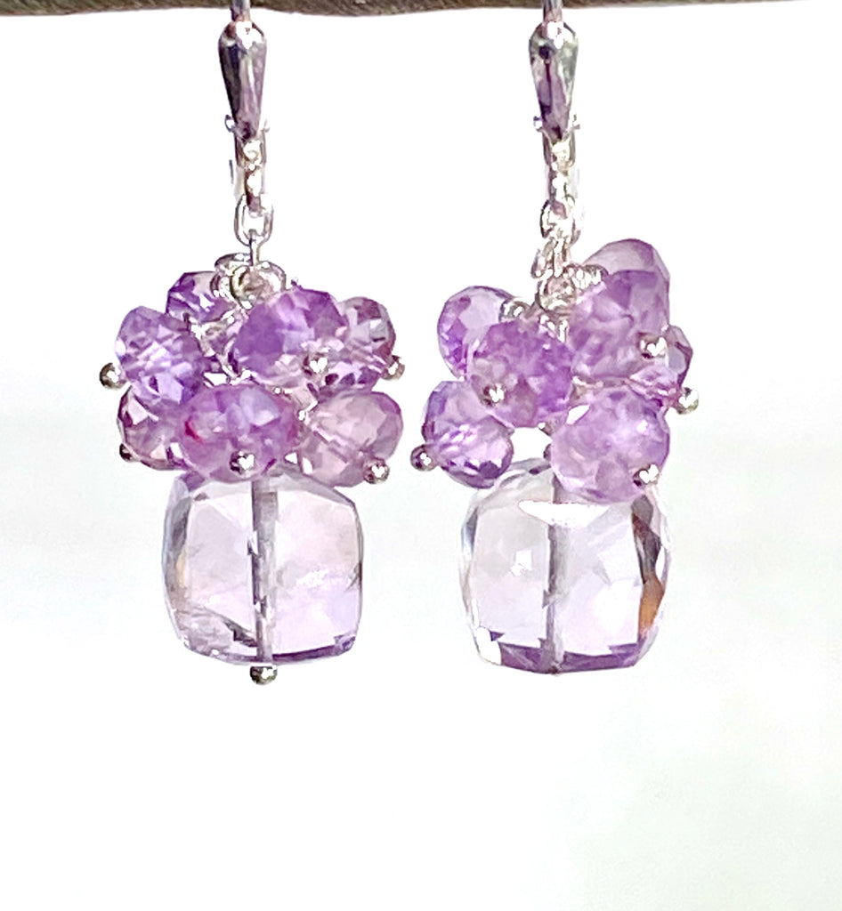 Pink Amethyst Cube Gemstone Cluster Earrings Sterling Silver - doolittlejewelry