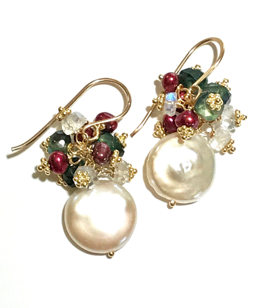 Coin Pearl & Green Moonstone Red Pearl Cluster Earrings