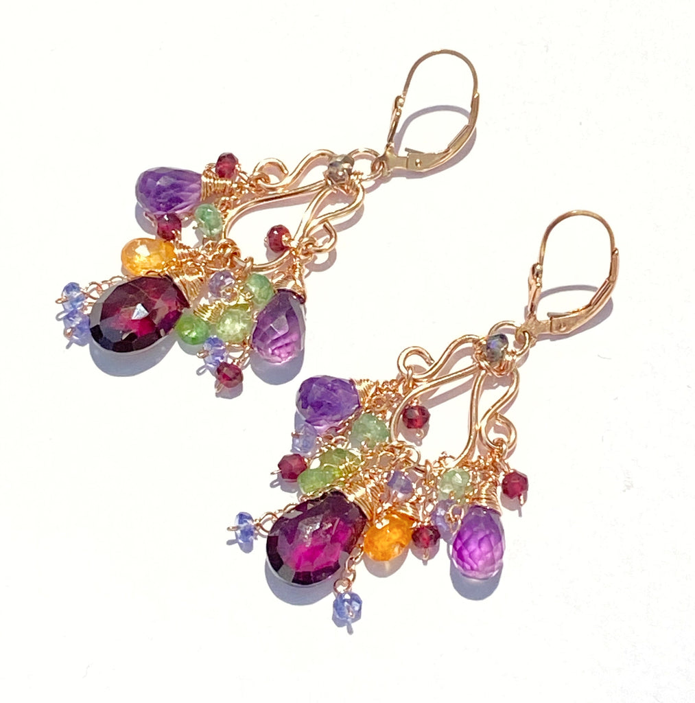 Rose Gold Chandelier Earrings Rhodolite Garnet Amethyst Lever Back