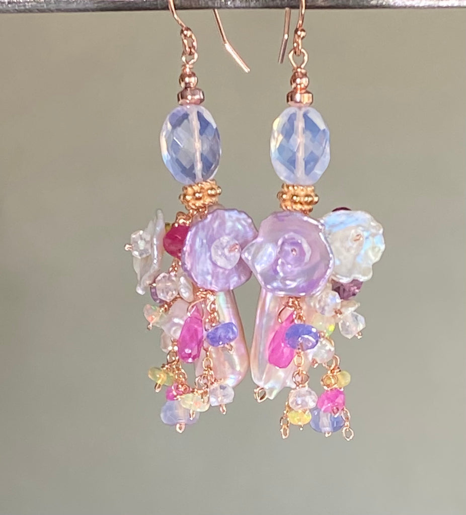 Blush Biwa Pearl Rose Gold Earrings with Scorolite & Lavender Keishi Gemstones