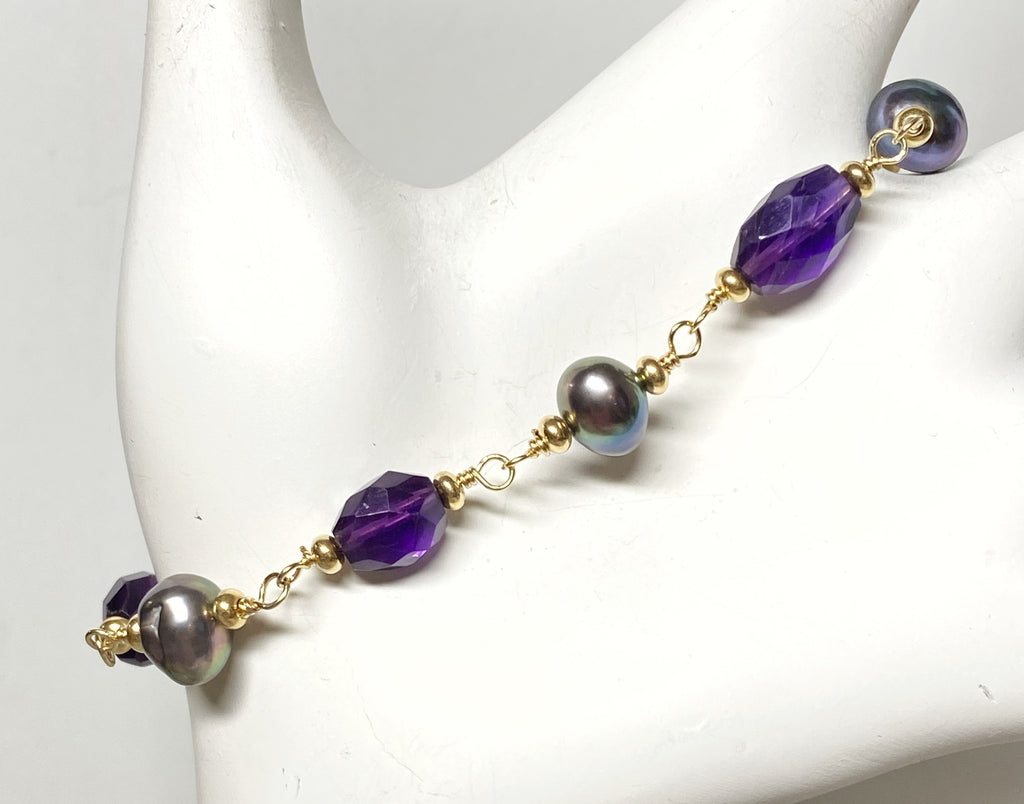 Amethyst and Peacock Pearl Bracelet, Gold Fill, Rosary Style, Wire Wrap