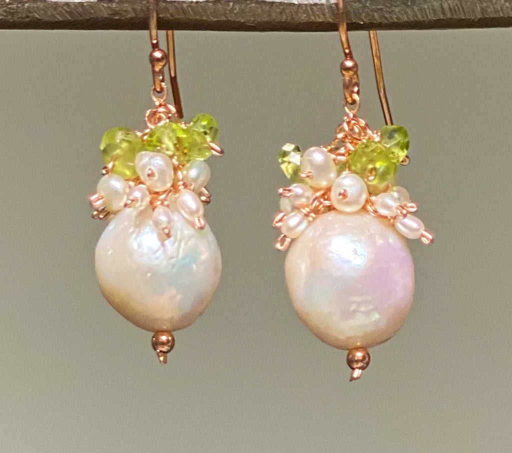 Peridot and Edison Pearl Cluster Earrings, Gold Fill, Rose Gold, Sterling Silver