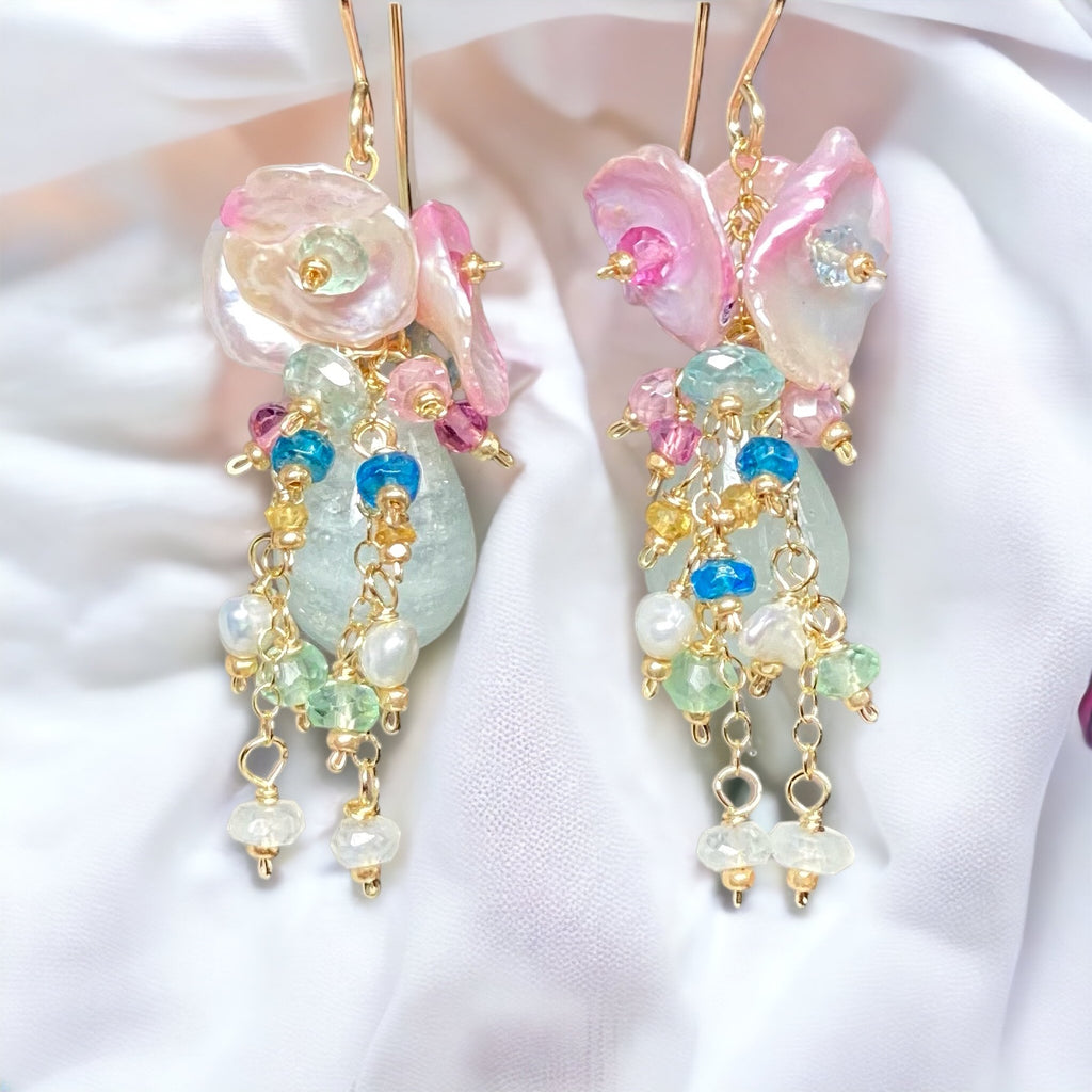 blue aquamarine drop earrings  with  multicolor gem dangles