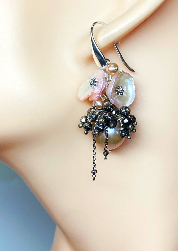 Pink Edison Pearl Cluster Earrings Blush Pink Keishi and Black Pyrite, French Style