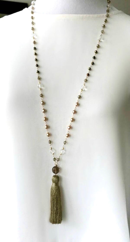 Wire Wrap Long Beaded Tassel Necklace - doolittlejewelry