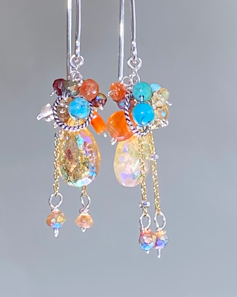 Mystic Citrine Earth Tone Gem Cluster Long Earrings Sterling Silver