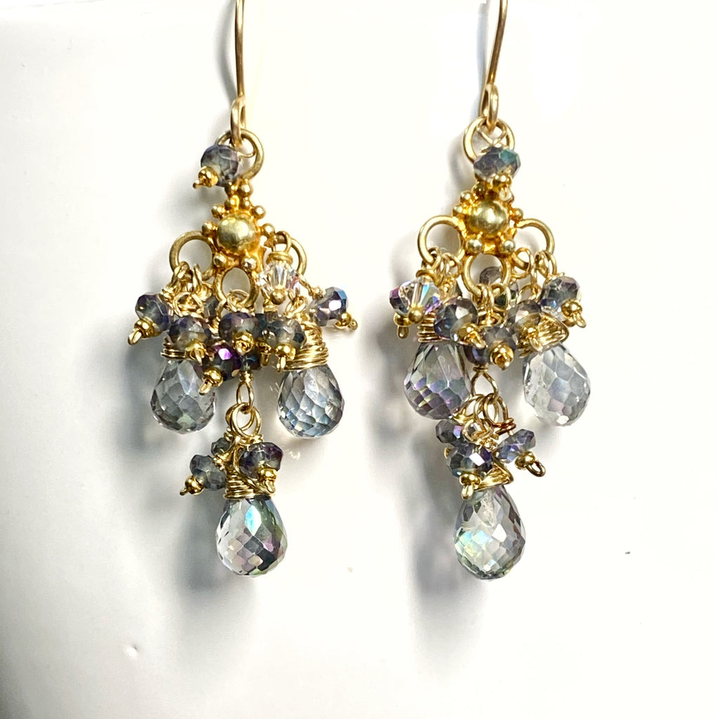 mystic topaz chandelier earrings with faceted teardrops and faceted rondelle clusters on 14 kt gold vermeil