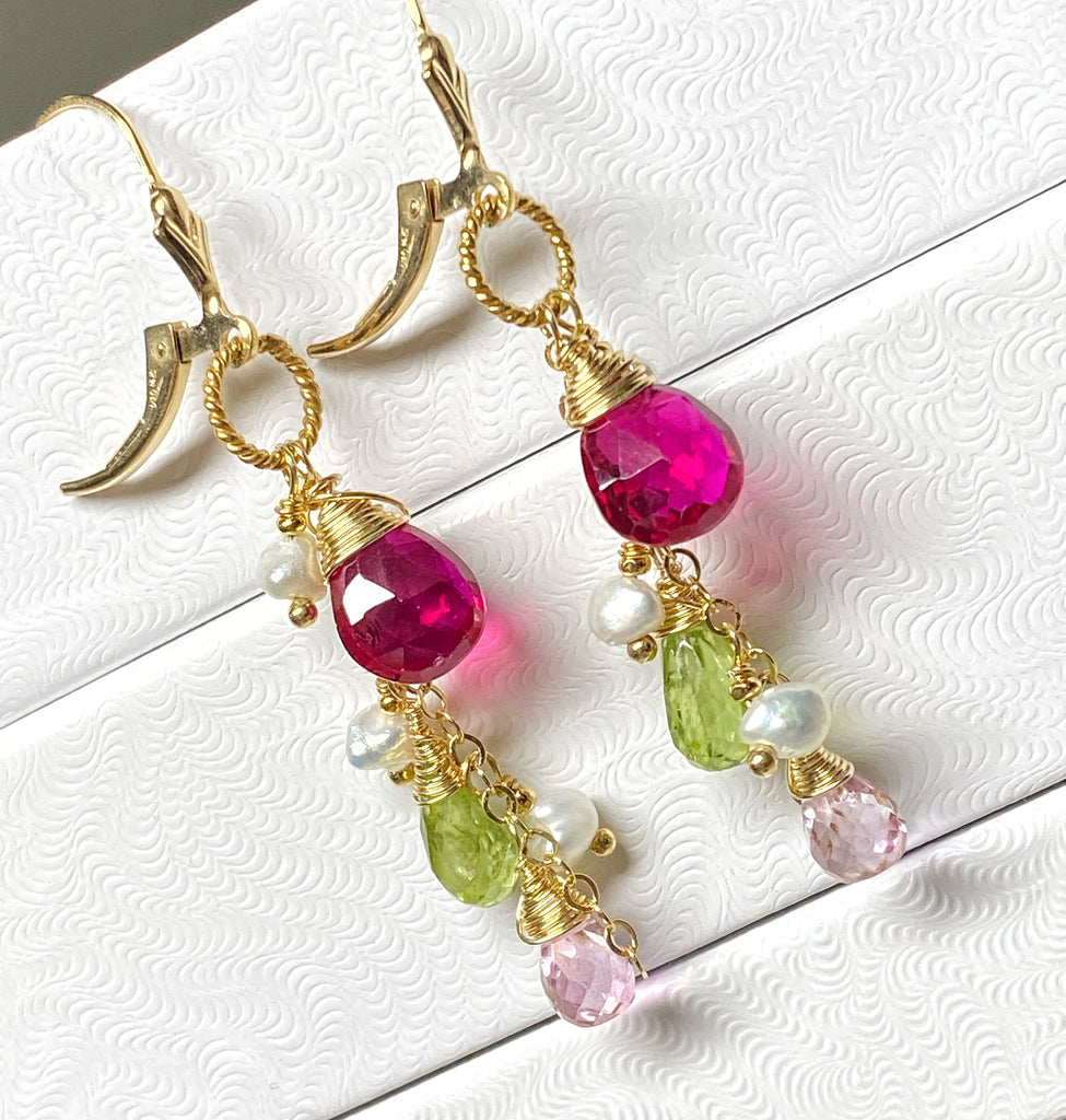 red topaz, peridot, pink topaz dangle earrings gold fill