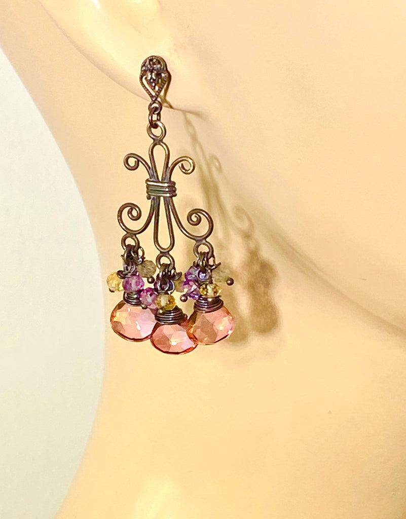 Mystic Pink Quartz Oxidized Silver Chandelier Earrings Labradorite Amethyst Citrine - doolittlejewelry