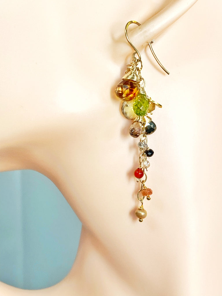 Citrine and Multi Gem Stone Dangle Earrings, Gold Chain Tassel with Peridot