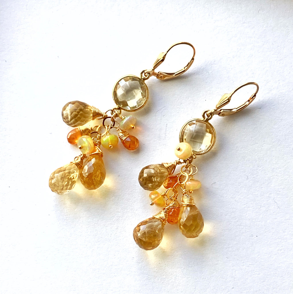 Citrine Dangle Earrings Ethiopian Opals Mandarin Garnet