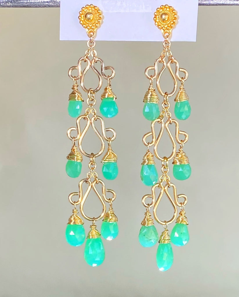 Green Chrysoprase Gemstone Long Gold Filled Chandelier Earrings