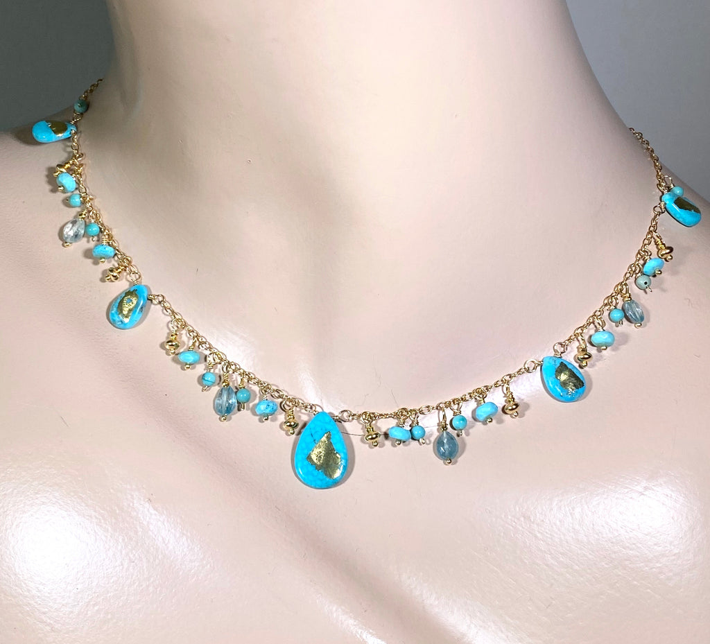 Kingman Turquoise Dangle Necklace Blue Zircon 24 kt Solid Gold Leaf - doolittlejewelry