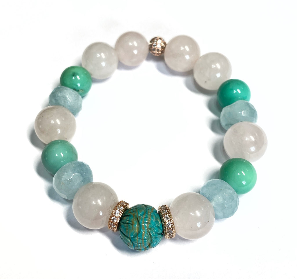 Turquoise Rose Quartz Aquamarine Stretch Bracelet Set of 3 Rose Gold