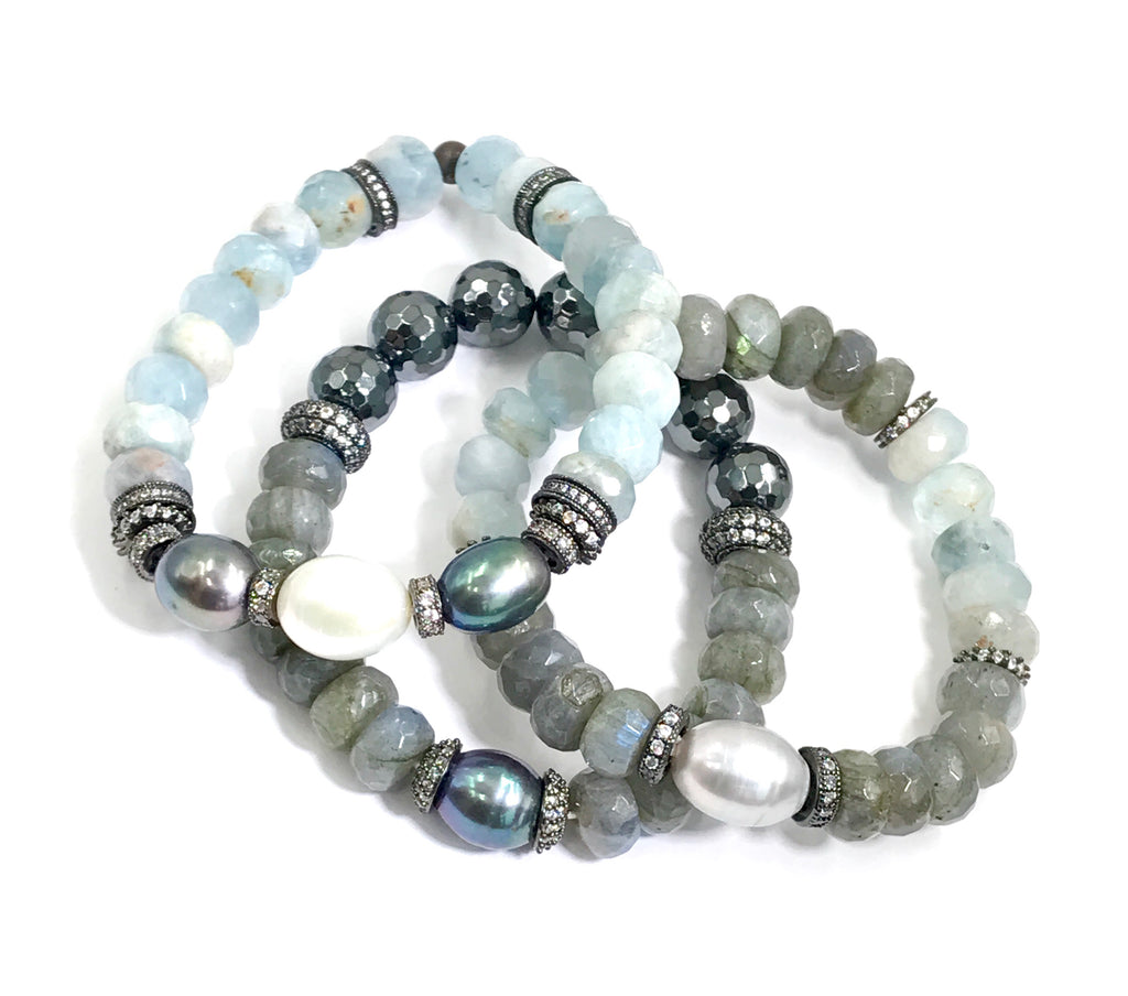 Aquamarine, Labradorite Gemstone Stack and Stretch Layering Bracelets Set - doolittlejewelry