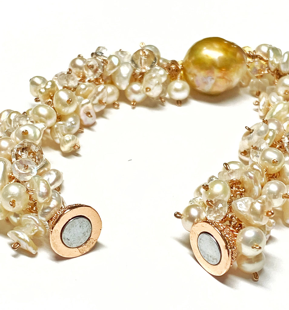 Baroque Pearl Rose Gold Cluster Bracelet Keishi Pearl Moonstone Crystal Quartz