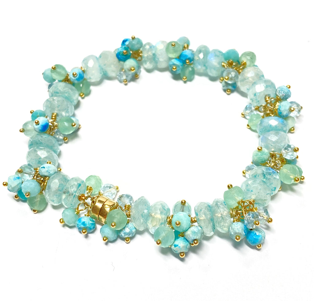 Aqua Moonstone Cluster Bracelet Gold Fill or Sterling Silver