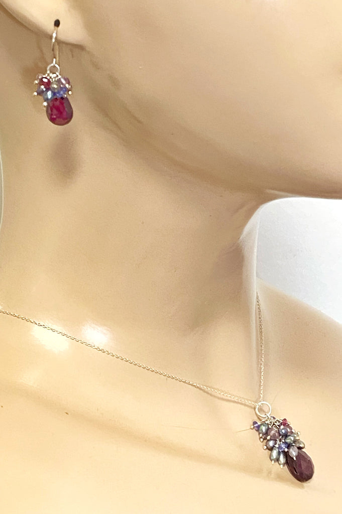 Rhodolite Garnet Gemstone Pearl Cluster Jewelry Set Necklace Earrings