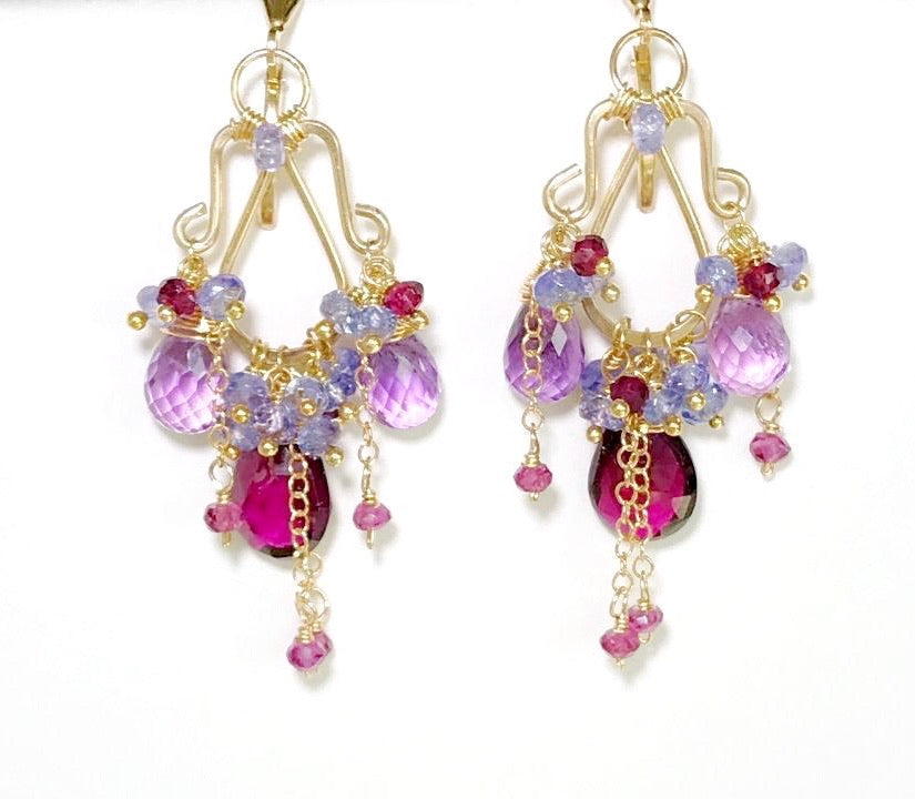 Garnet Amethyst Tanzanite Gold Multicolor Chandelier Earrings