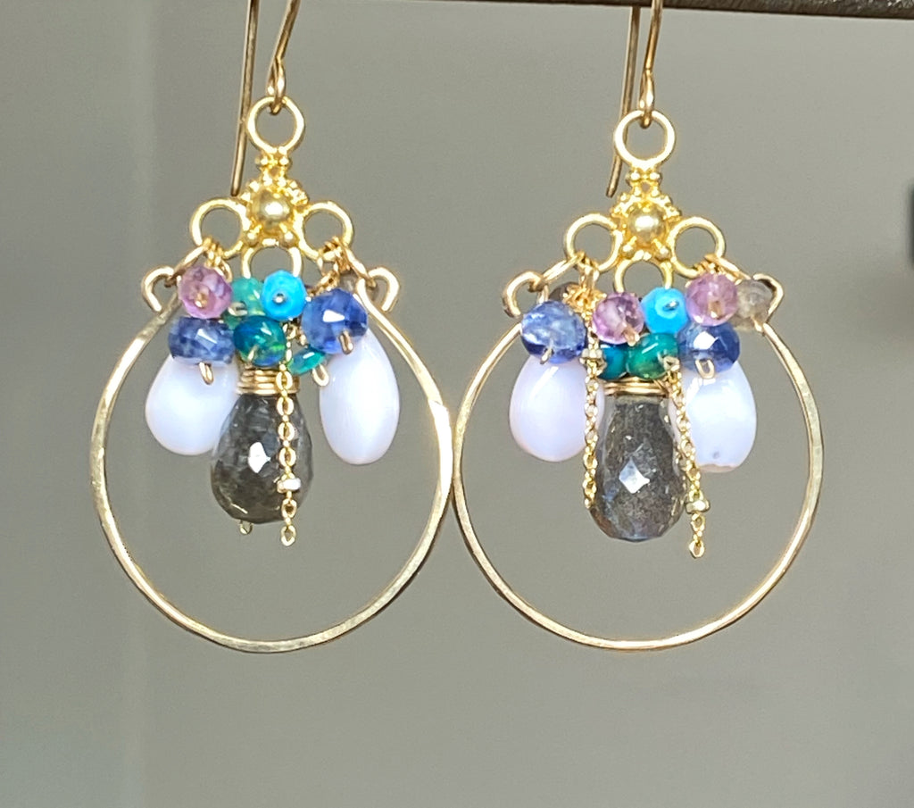 Labradorite and Opal Chandelier Hoop Earrings Gold Fill Wire Wrap