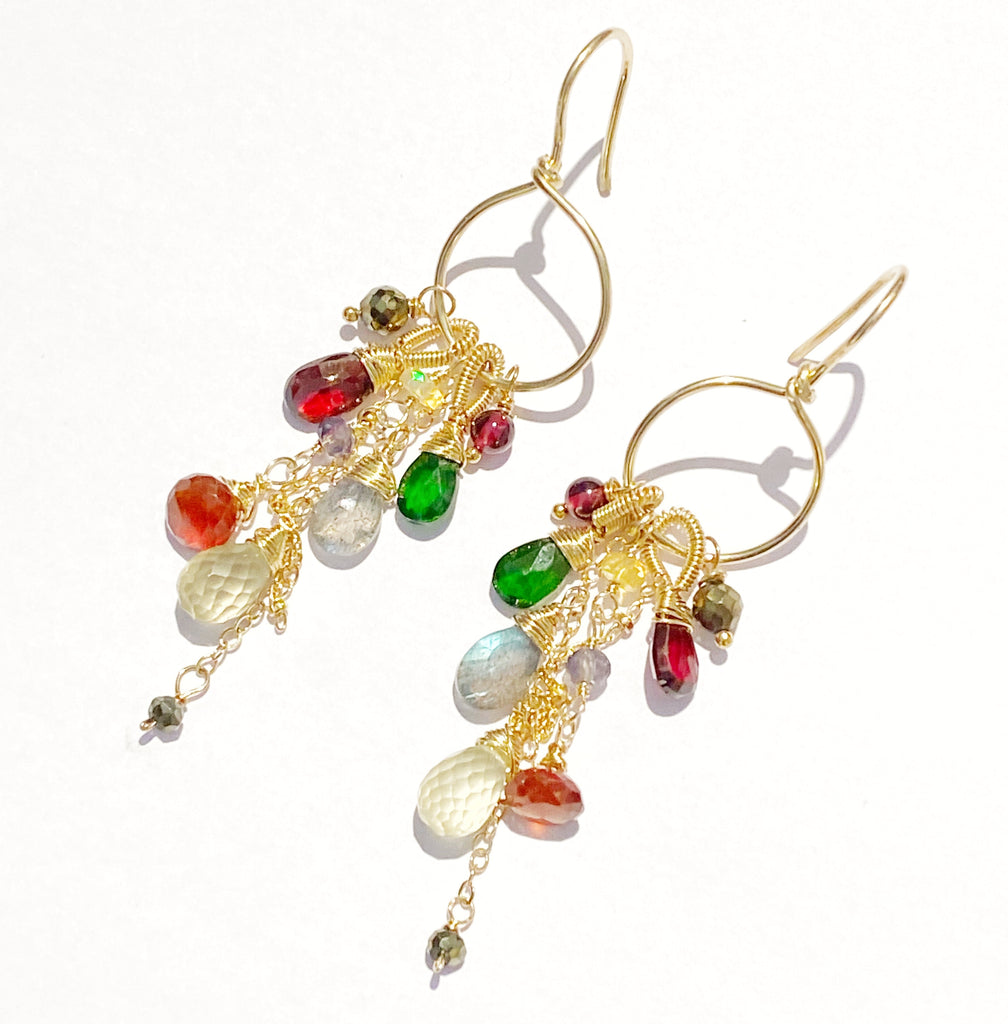 Garnet Colorful Gemstone Gold Hoop Dangle Earrings