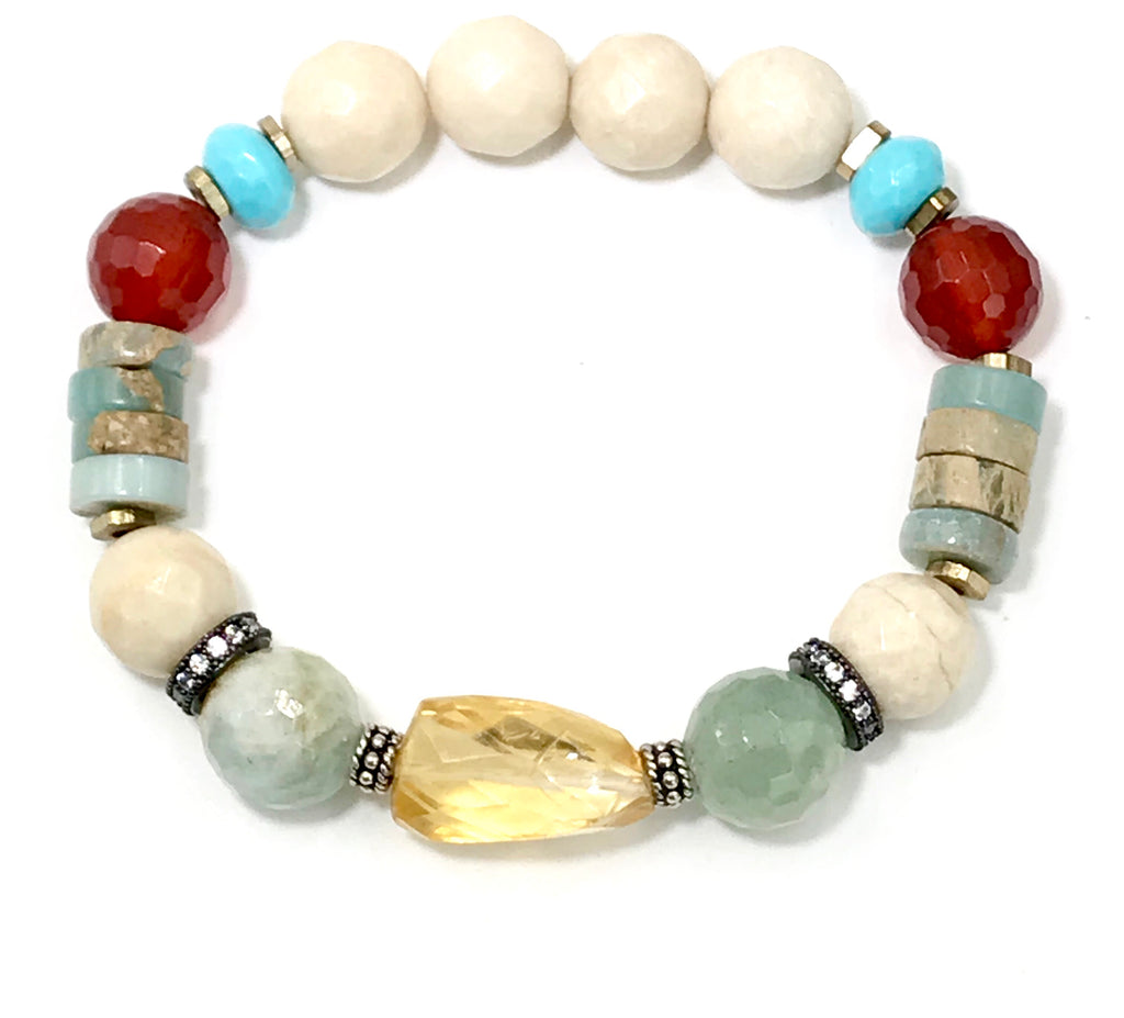 Gemstone Stack Bracelet Stretch Set of 3 Aquamarine Carnelian - doolittlejewelry